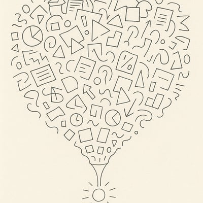 Nuage d'options convergeant vers un entonnoir dessiné à la main qui se resserre en un point lumineux, symbolisant le passage du chaos d'offres à une décision claire.