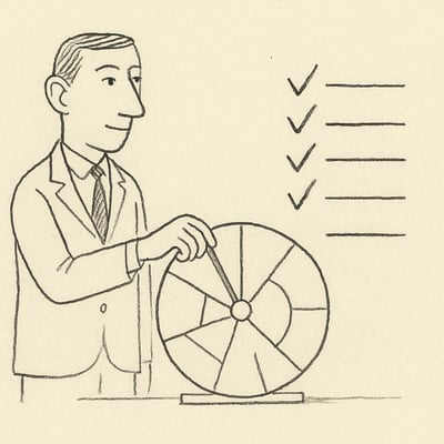Main qui lance une roue minimaliste près d'une checklist, illustrant un protocole 10‑3‑1 combinant contraintes, élimination, arbre binaire et tirage équitable.