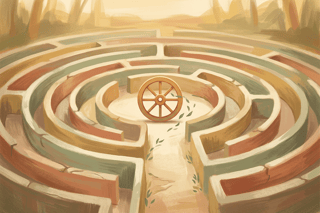Roue minimaliste au centre d’un labyrinthe qui s’ouvre en un seul chemin, exprimant le soulagement et l’esprit espiègle d’une décision enfin assumée.