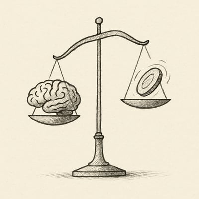 Balance minimaliste entre un cerveau et une pièce en rotation, évoquant l'arbitrage entre effort cognitif et impartialité du hasard dans les décisions chargées.