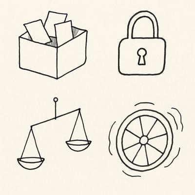 Skizze zeigt ein kleines Drehrad, eine Checkliste und einen simplen Entscheidungsbaum als zusammenhängenden Mechanismus für Entscheidungen.