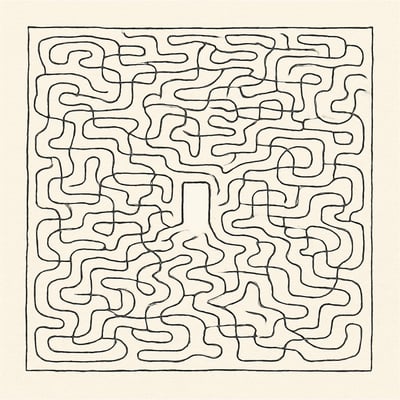 Un labirinto di linee imperfette converge in un unico varco chiaro, evocando il passaggio dal caos dell'eccesso di opzioni alla serenità di una scelta.