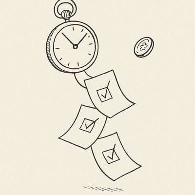 Un orologio tascabile, tre fogli con segni di spunta e una moneta in aria suggeriscono tempo, criteri e sorte come alleati per decidere con meno fatica.