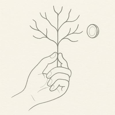 Mão segura uma árvore estilizada de decisões enquanto uma moeda paira ao lado, simbolizando que a aleatorização entra apenas no fim para desempatar com justiça.