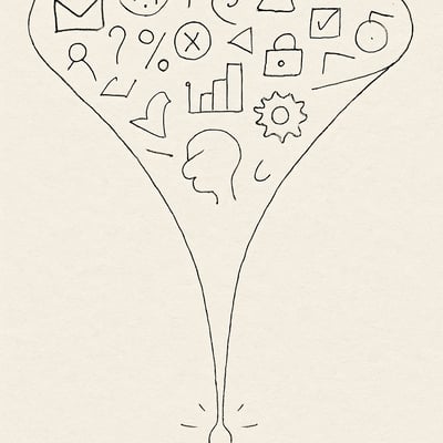 Desenho minimalista com um funil cheio de opções que converge num único ponto brilhante, sugerindo foco e alívio ao transformar excesso em escolha clara.