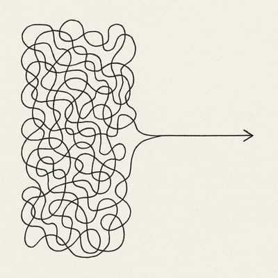 Een wirwar van paden vloeit samen tot één duidelijke route met een subtiele pijl vooruit; het beeld ademt opluchting na het ordenen van keuzeruis.