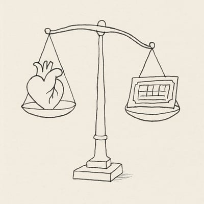 Balança inclinada com um coração num prato e um bilhete de lotaria noutro, sugerindo o conflito entre expectativa e adaptação emocional.