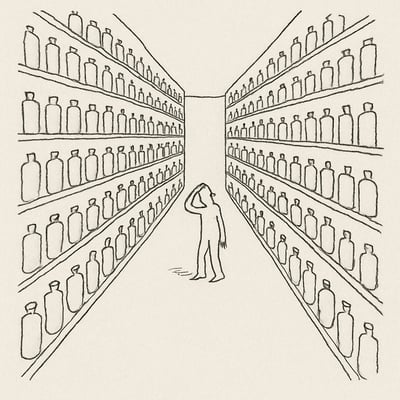 Pessoa pequena num corredor interminável com prateleiras iguais por todos os lados, mão na cabeça, transmitindo ansiedade perante opções demais.