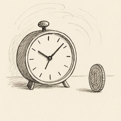 Relógio de cozinha e moeda em pé sobre mesa sugerem decisão rápida e leveza, simbolizando como o acaso reduz o esforço mental.
