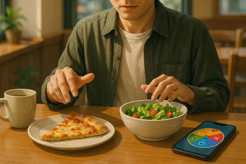 Young adult choosing between salad and pizza at a café table with a colorful spinner wheel visible on a phone in the background.