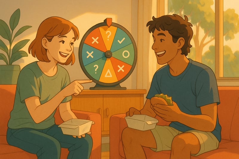 Two friends in a modern Australian living room pause over a decision as a colourful spinner wheel glows nearby, hinting at a playful yes or no choice.