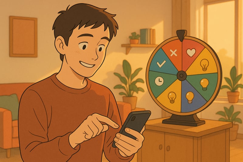 Giovane adulto decide con una ruota colorata sullo sfondo, icone semplici e ambiente domestico italiano; la ruota copre circa un terzo dell’immagine.