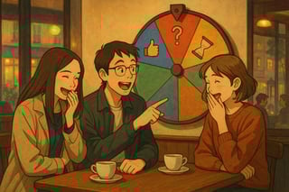 Deux amis dans un café hésitent à décider; une roue colorée de choix oui/non apparaît en arrière-plan, ambiance chaleureuse, lumière douce du soir.