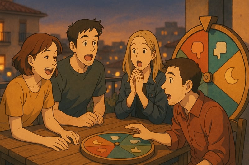 Grupo en terraza urbana decide con una ruleta de sí o no visible al fondo; colores vivos, ambiente cálido y gestos divertidos.