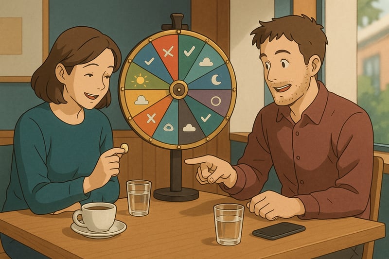 Zwei Personen im Café entscheiden spielerisch; ein farbiges Spinner-Wheel im Hintergrund zeigt den Zufall als faire Entscheidungshilfe.