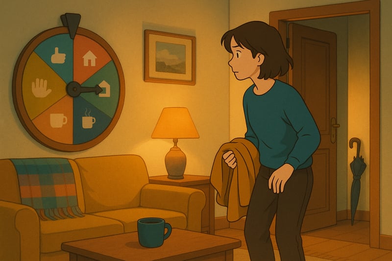 Pessoa decide entre sair ou ficar em casa enquanto uma roda colorida de sim ou nao aparece ao fundo, sugerindo escolha imparcial.