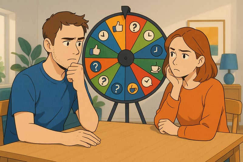 Twee mensen twijfelen en wijzen naar een kleurrijk besliswiel; het wiel beslaat circa dertig procent van het beeld.