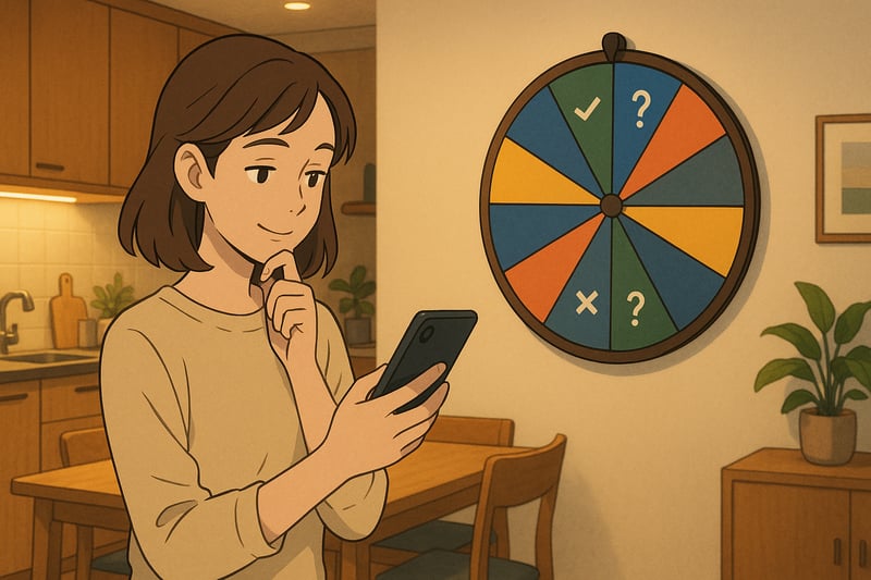 Person prüft am Smartphone ein Ja‑Nein Entscheidungsrad, farbiges Zufallsrad im Hintergrund unterstützt schnelle, faire Entscheidungen im Alltag.
