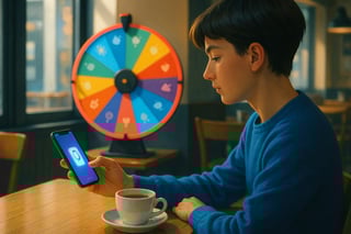 Young adult in a café taps a colorful spinner wheel on a phone while a larger wheel sits in the background, suggesting building longer numbers.