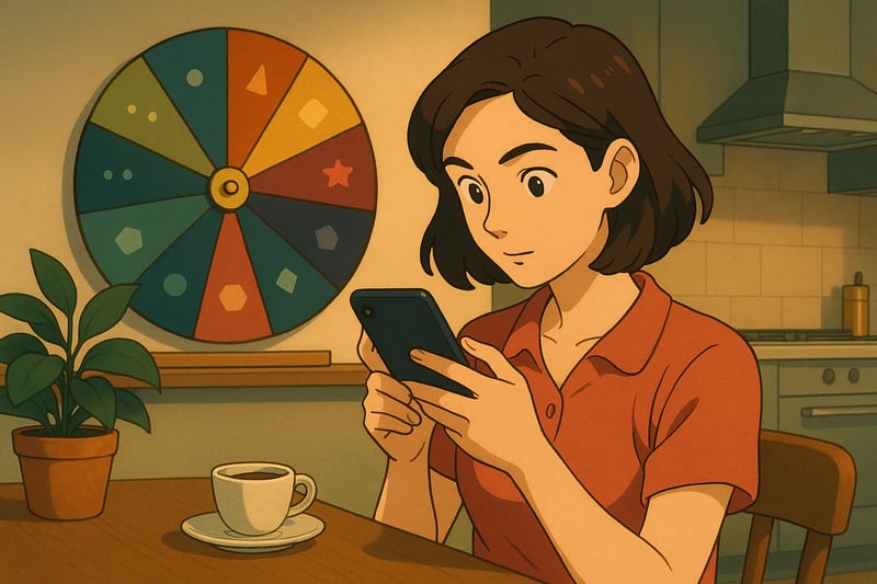 Donna italiana in cucina moderna sceglie cifre 0-9 sullo smartphone; ruota colorata visibile sullo sfondo, atmosfera serale accogliente e concentrata.