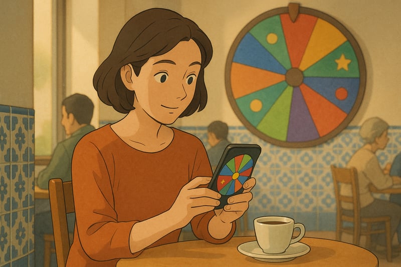 Utilizadora em sala portuguesa gera dígitos aleatórios no telemóvel; ao fundo, uma roda colorida ocupa parte da cena e sugere escolhas ao acaso.