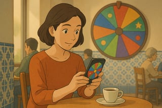Utilizadora em sala portuguesa gera dígitos aleatórios no telemóvel; ao fundo, uma roda colorida ocupa parte da cena e sugere escolhas ao acaso.
