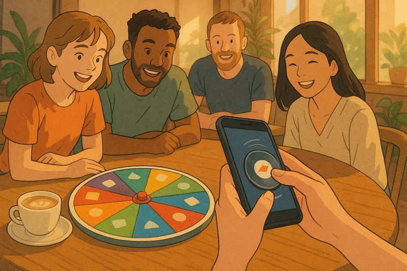 Small group in an Australian café uses a colourful number spinner wheel in the background while a woman spins on a phone to create multi-digit numbers.