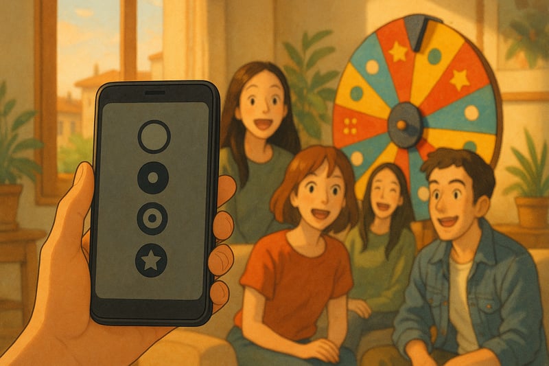 Grupo joven en salon madrileno celebra mientras una ruleta multicolor con iconos aparece al fondo y un movil sugiere una secuencia generada.