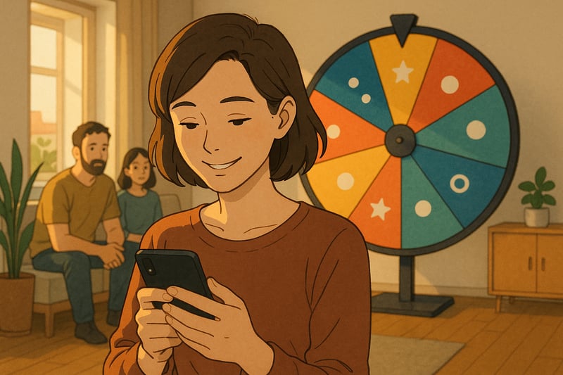 Junge Frau tippt auf Smartphone, farbiges Zahlenrad mit Symbolsegmenten dreht sich im Hintergrund in moderner Wohnung.