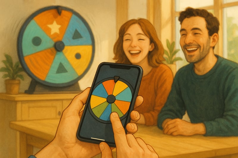 Vrienden in Nederlandse setting gebruiken een kleurrijk spinnerwiel op de achtergrond terwijl iemand op een smartphone een draai start voor een cijferkeuze.