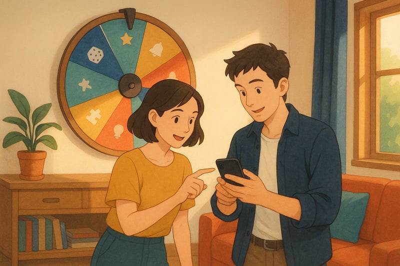 Deux amis en interieur moderne utilisent un smartphone pour un tirage au sort; une roue colorée occupe le fond et suggere la selection aleatoire.