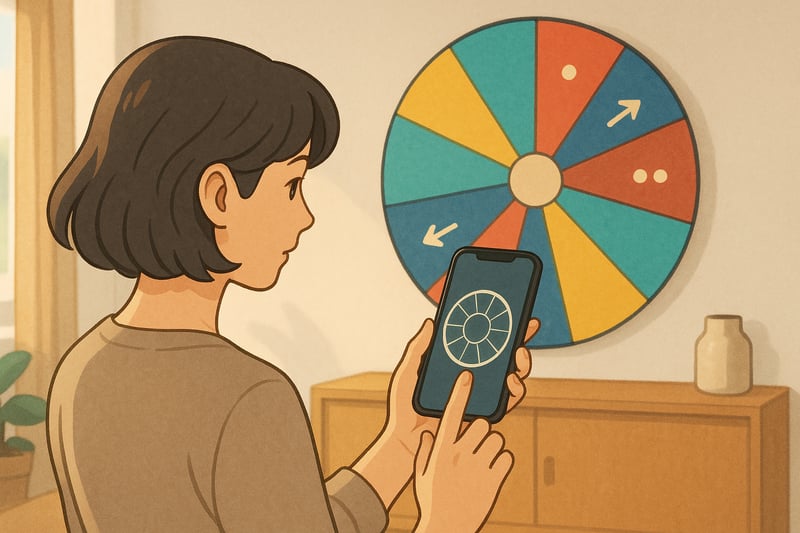 Smartphone mit Zahlenrad 0 bis 9 in einer hellen Schweizer Wohnumgebung; im Hintergrund ein farbiges Spinner-Wheel als spielerisches Element.