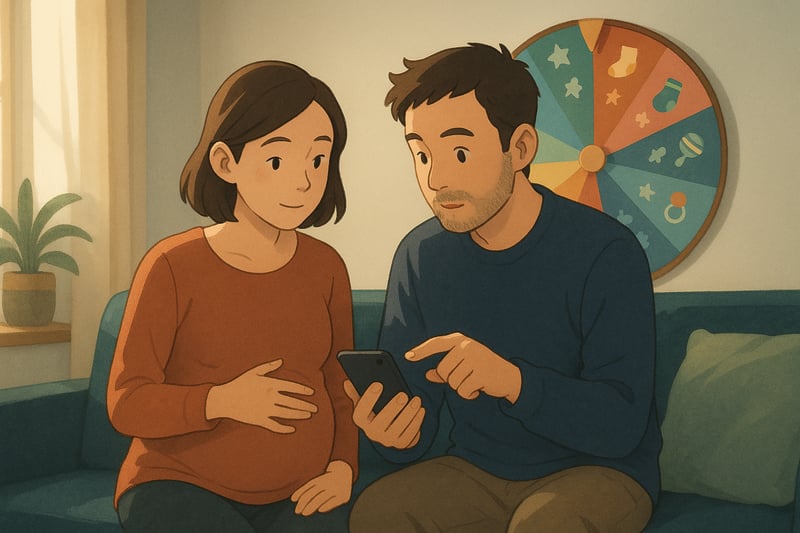 Expectant parents consider baby boy names while a colorful 30 percent spinner wheel with baby icons glows softly in a modern, cozy living room.