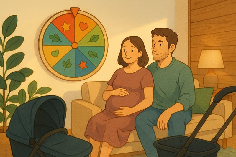 Expecting couple in a sunlit Australian living room glancing at a colourful name spinner wheel on the wall, ready to spin for a boy name.