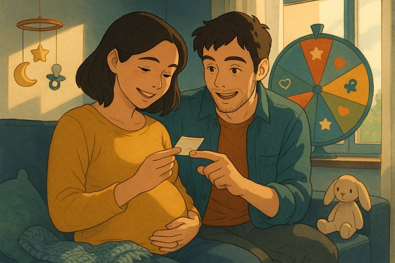 Casal portugues escolhe nome de bebe num ambiente acolhedor enquanto uma roda colorida de nomes gira ao fundo ocupando cerca de trinta por cento da cena.