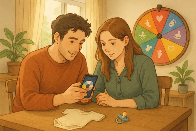 Jonge ouders in een lichte woonkamer kiezen een jongensnaam met een kleurrijk spinnerwiel op de achtergrond en een smartphone met rad.