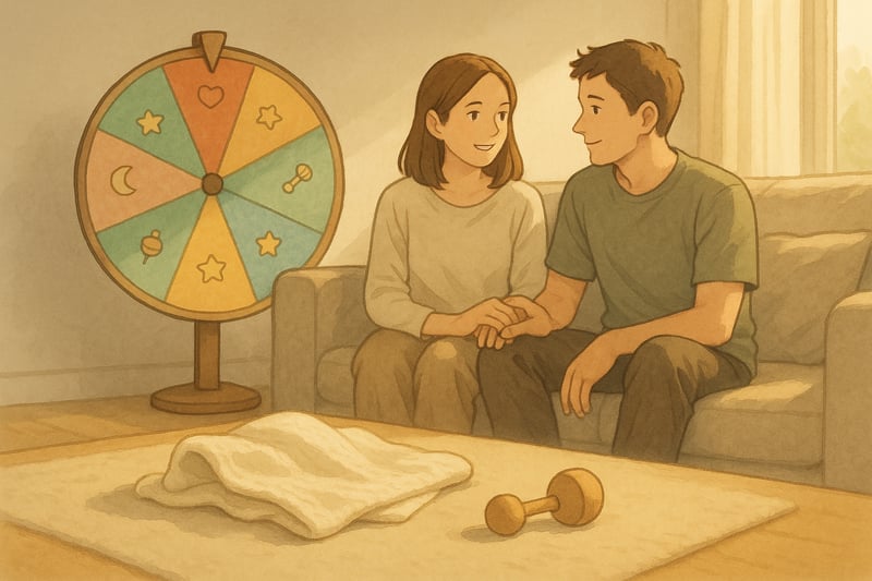 Junges Paar in einer modernen CH-Wohnung, ein farbiges Namensrad im Hintergrund, das spielerisch 50 Jungennamen als Entscheidungshilfe symbolisiert.