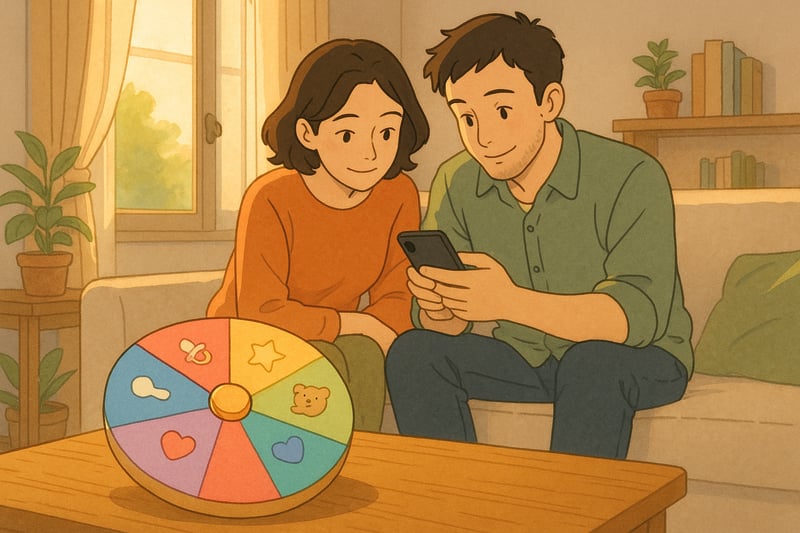 Jeunes parents dans un salon lumineux choisissent un prenom avec une roue coloree visible a cote, ambiance douce et chaleureuse.
