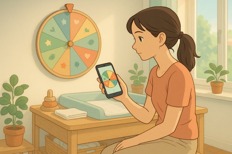 Junge Mutter im Kinderzimmer, im Hintergrund ein buntes Namens Gluecksrad, ein Smartphone in der Hand zeigt zufaellige Jungennamen.