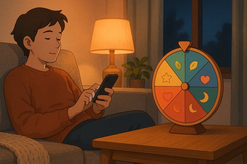 Parent on a sofa holding a phone while a colorful spinner wheel rests nearby, suggesting a playful baby name selection moment.