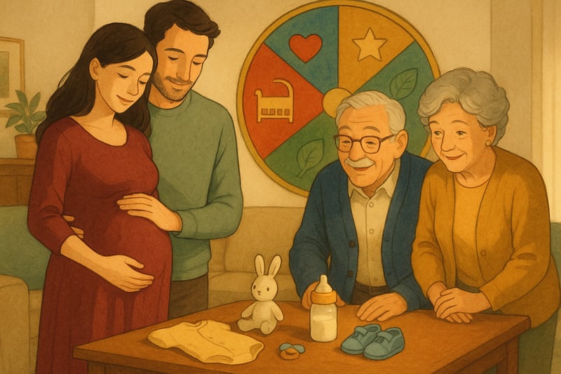 Famiglia italiana sorride mentre una ruota colorata con 50 segmenti di nomi maschili appare sullo sfondo in un salotto luminoso