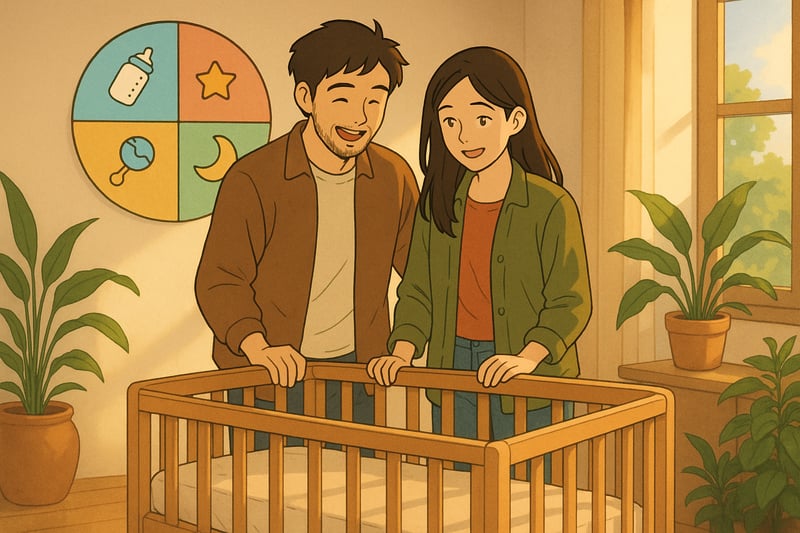 Pareja sonríe en salón luminoso mientras una ruleta de colores con iconos de bebé gira en la pared, apoyando la elección de nombres de niño.