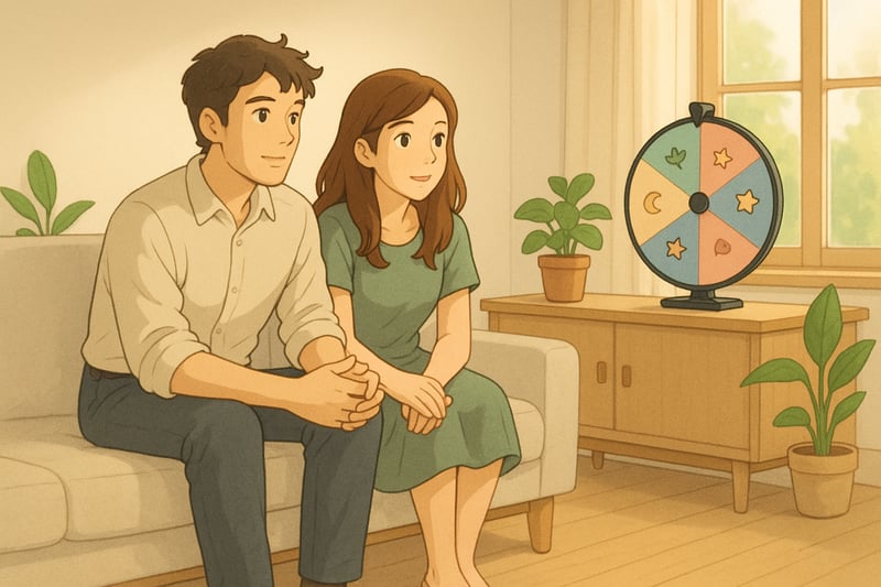 Junges Paar waehlt mit einem farbigen Spinner Wheel dezent im Hintergrund spielerisch Maedchennamen in einer ruhigen Schweizer Wohnumgebung.