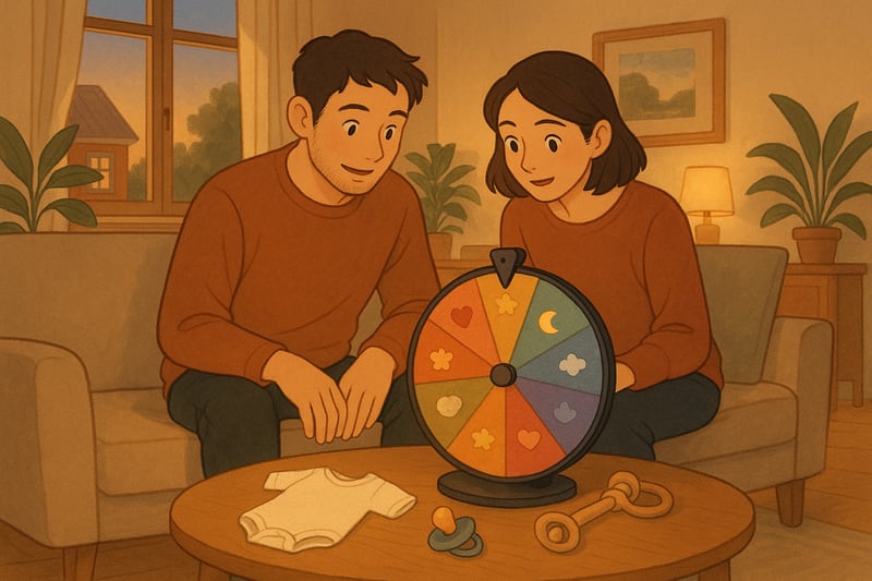 Jonge ouders in een Nederlandse woonkamer bekijken een kleurrijk namenrad; 30% zichtbaar. Babyaccessoires en warm avondlicht creëren een speelse sfeer.