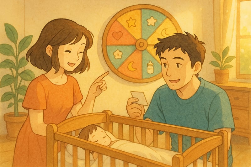 Coppia italiana accanto a una culla e una ruota colorata sullo sfondo che suggerisce la scelta casuale di 50 nomi femminili.