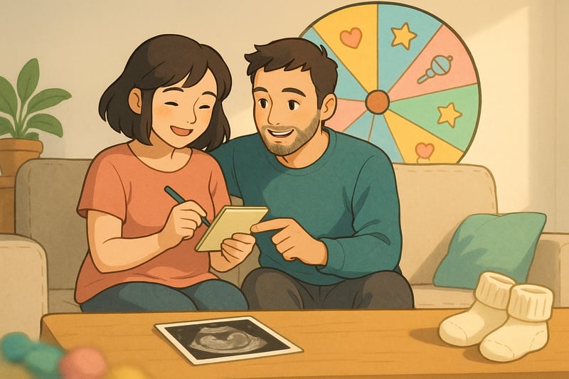 Casal jovem escolhe nomes de menina em casa, com uma roda colorida de nomes ao fundo ocupando parte da composicao.