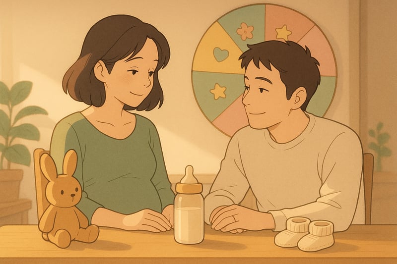 Jeunes parents consultent une roue colorée en arrière‑plan pour choisir un prénom de fille; ambiance douce et familiale.