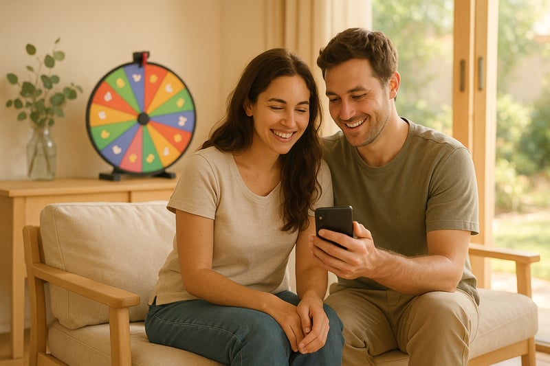 Australian couple smiling in a sunlit lounge as a colourful spinner wheel with baby icons sits nearby, hinting at a playful baby name choice.