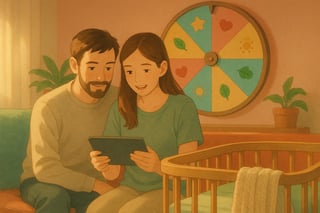 Pareja sonriente en salón moderno observa una ruleta colorida con segmentos e iconos, lista para inspirar la elección de 50 nombres de niña.