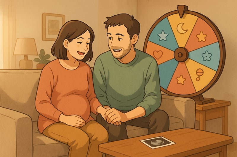 Junges Paar entscheidet über einen Mädchennamen; ein farbiges Glücksrad rotiert im Hintergrund als inspiratives, spielerisches Element.